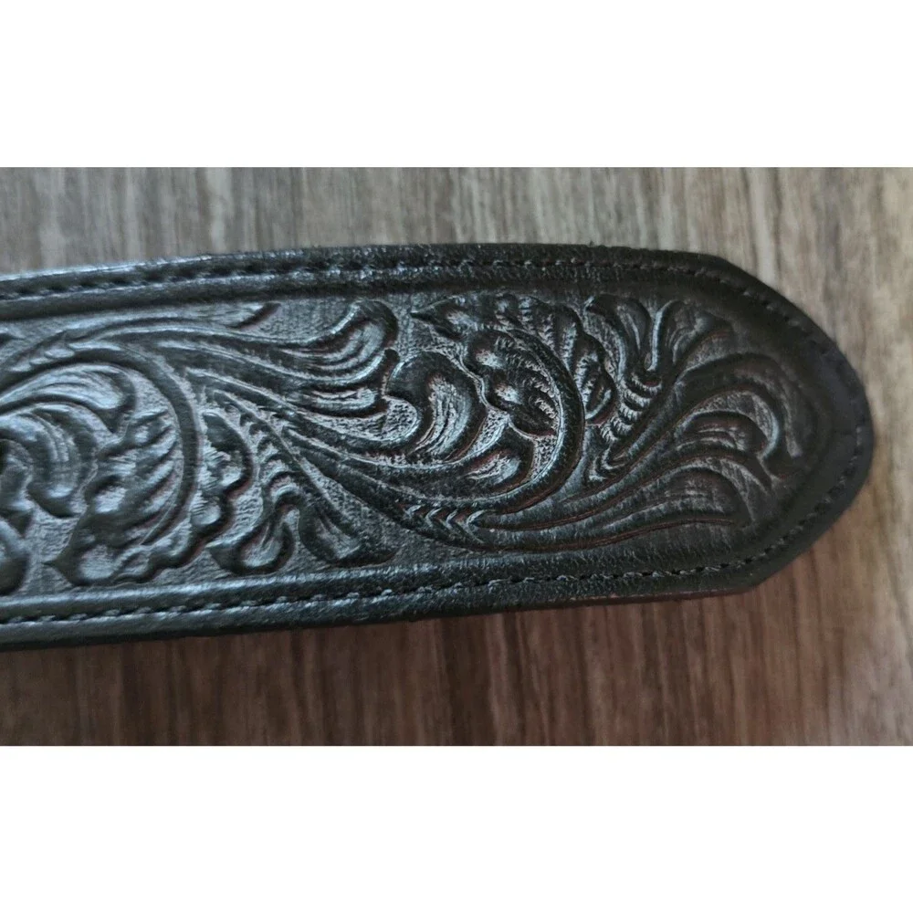 Tony Lama Mens 38 Black Top Grain Leather Floral Belt Silver Turquoise Buckle